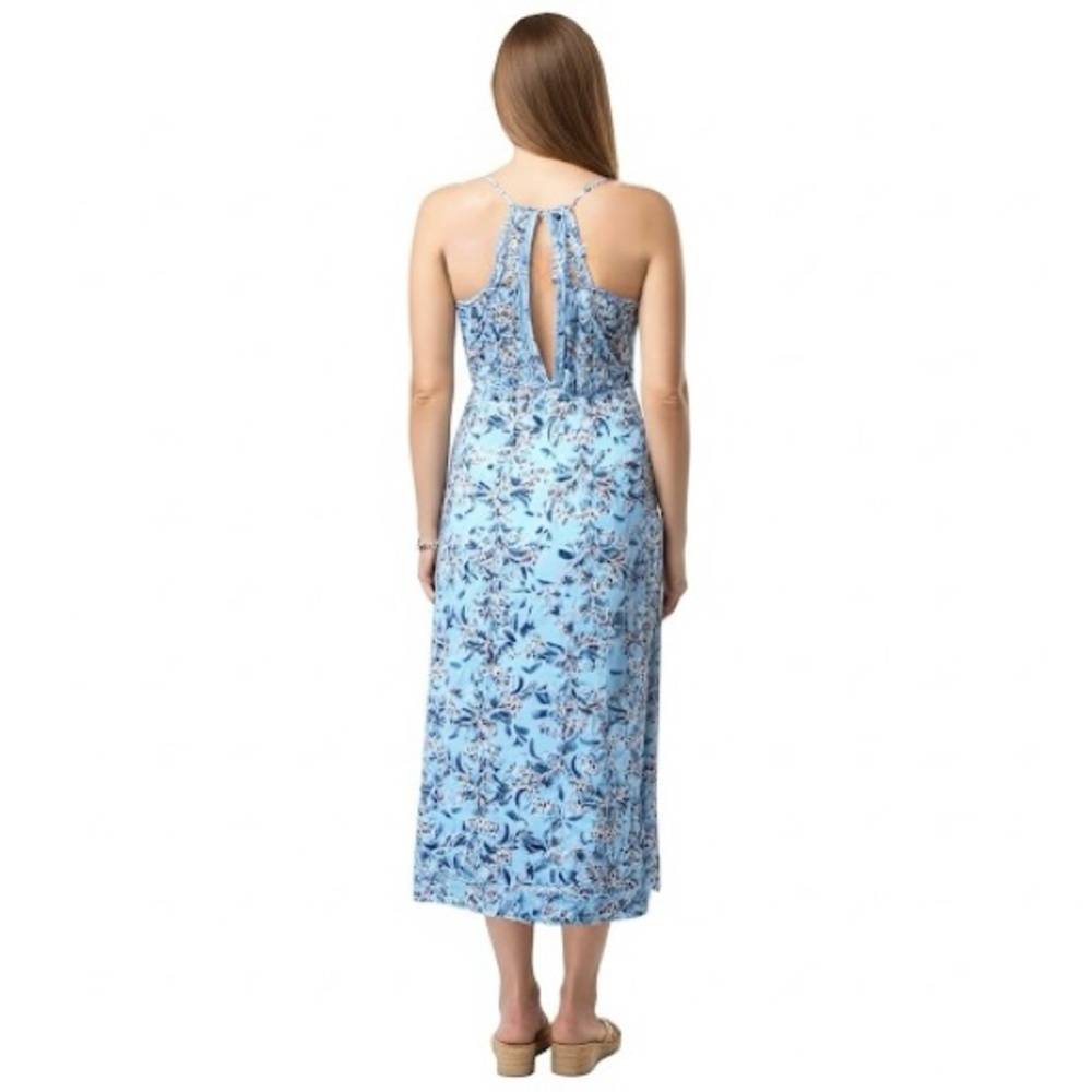 Pink Rose Blue Floral Halter Cut Out Back Spaghetti Strap Midi Dress Size Small